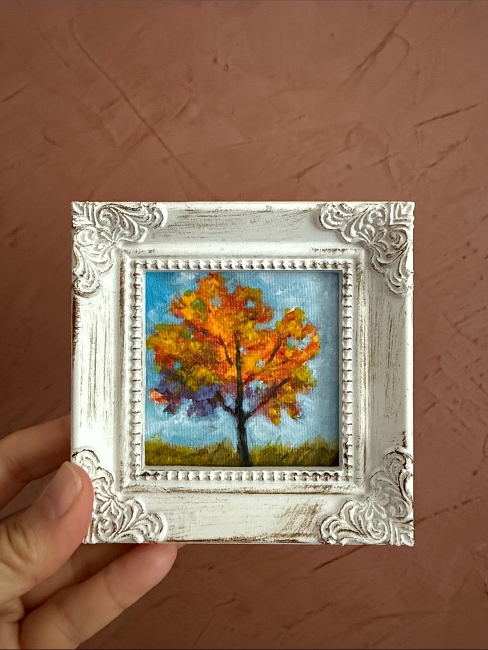 Hand-Painted Autumn Tree Mini Canvas Wall Art - White Frame